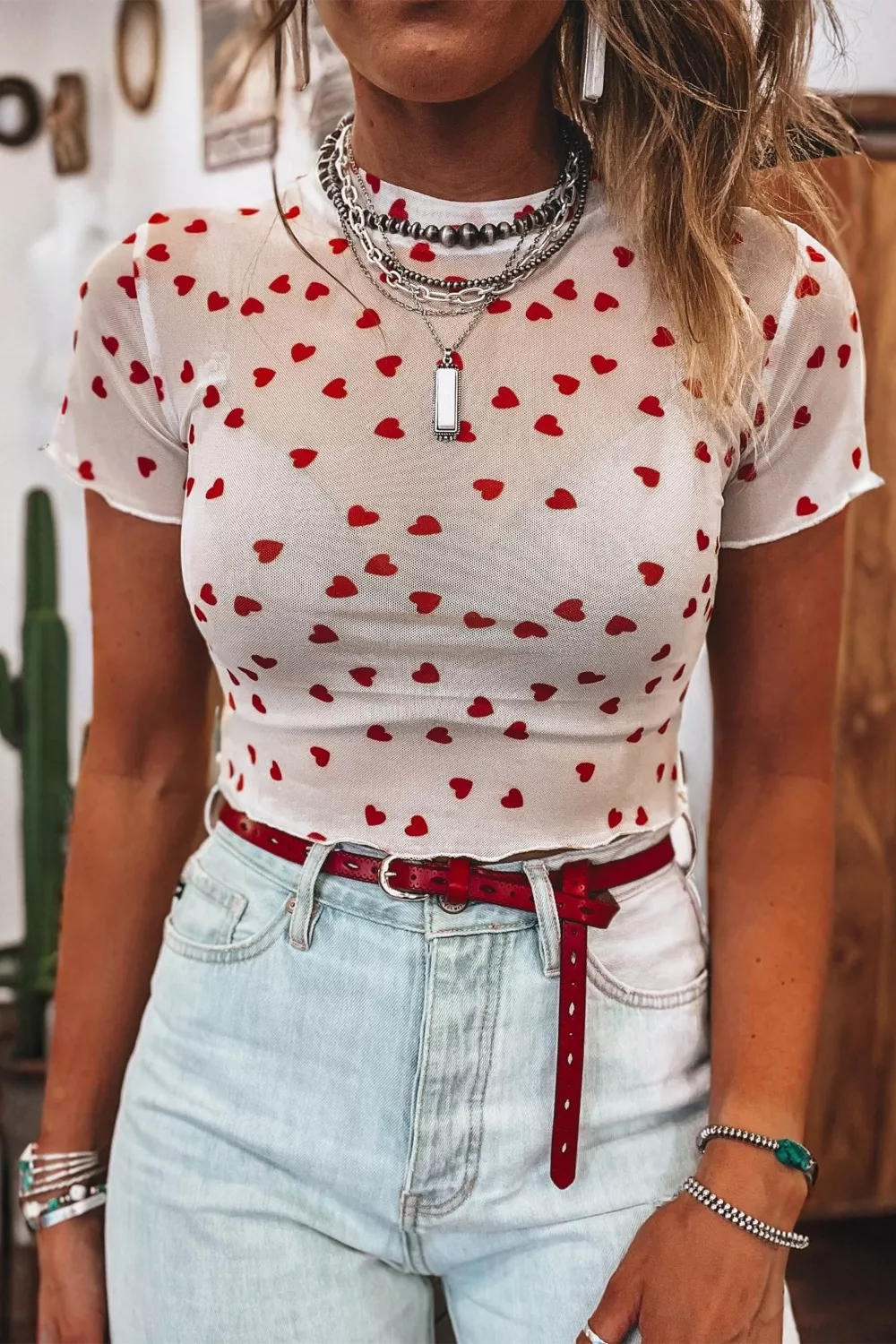Sheer Heart Print Fitted Top, image 5