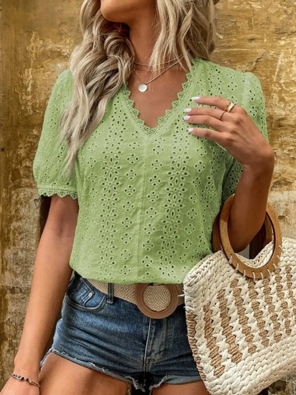 Full Size Lace Detail Eyelet V-Neck Short Sleeve Blouse Plus Size, image 4