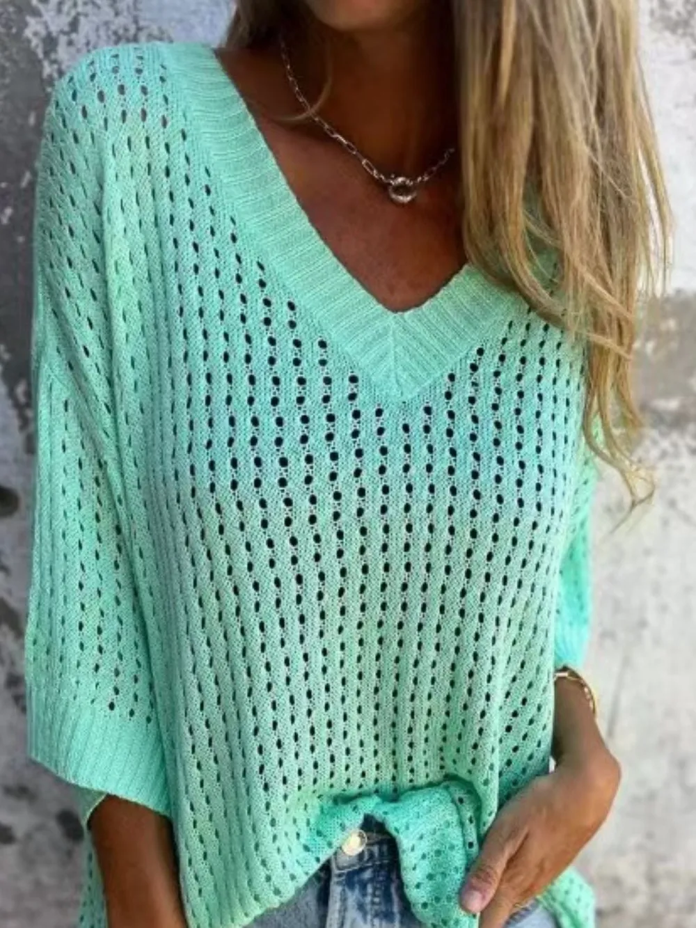 Full Size Openwork V-Neck Knit Cover Up Plus Size, image 4