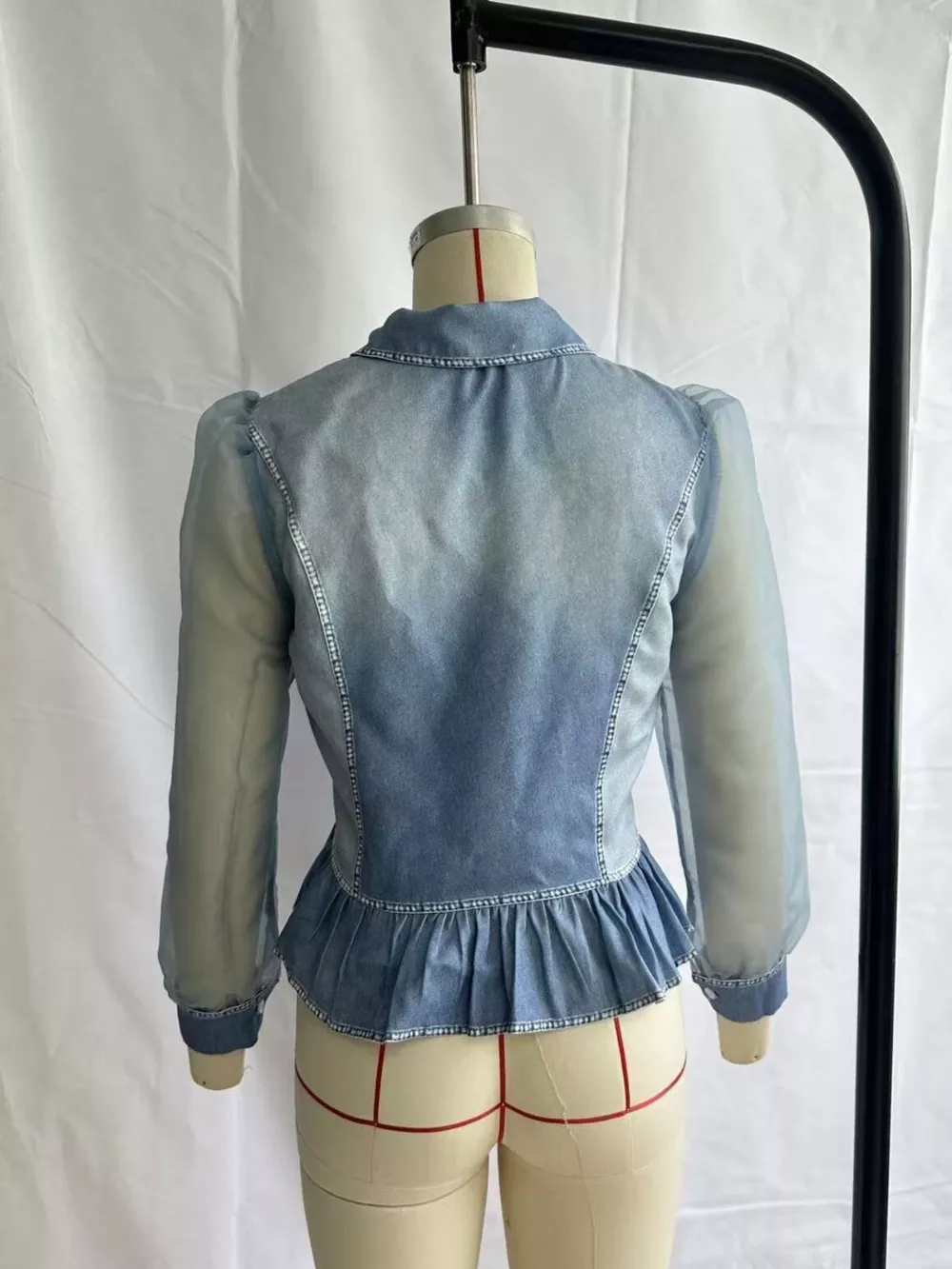 Mesh Sleeve Peplum Denim Top with Front Zipper, image 6