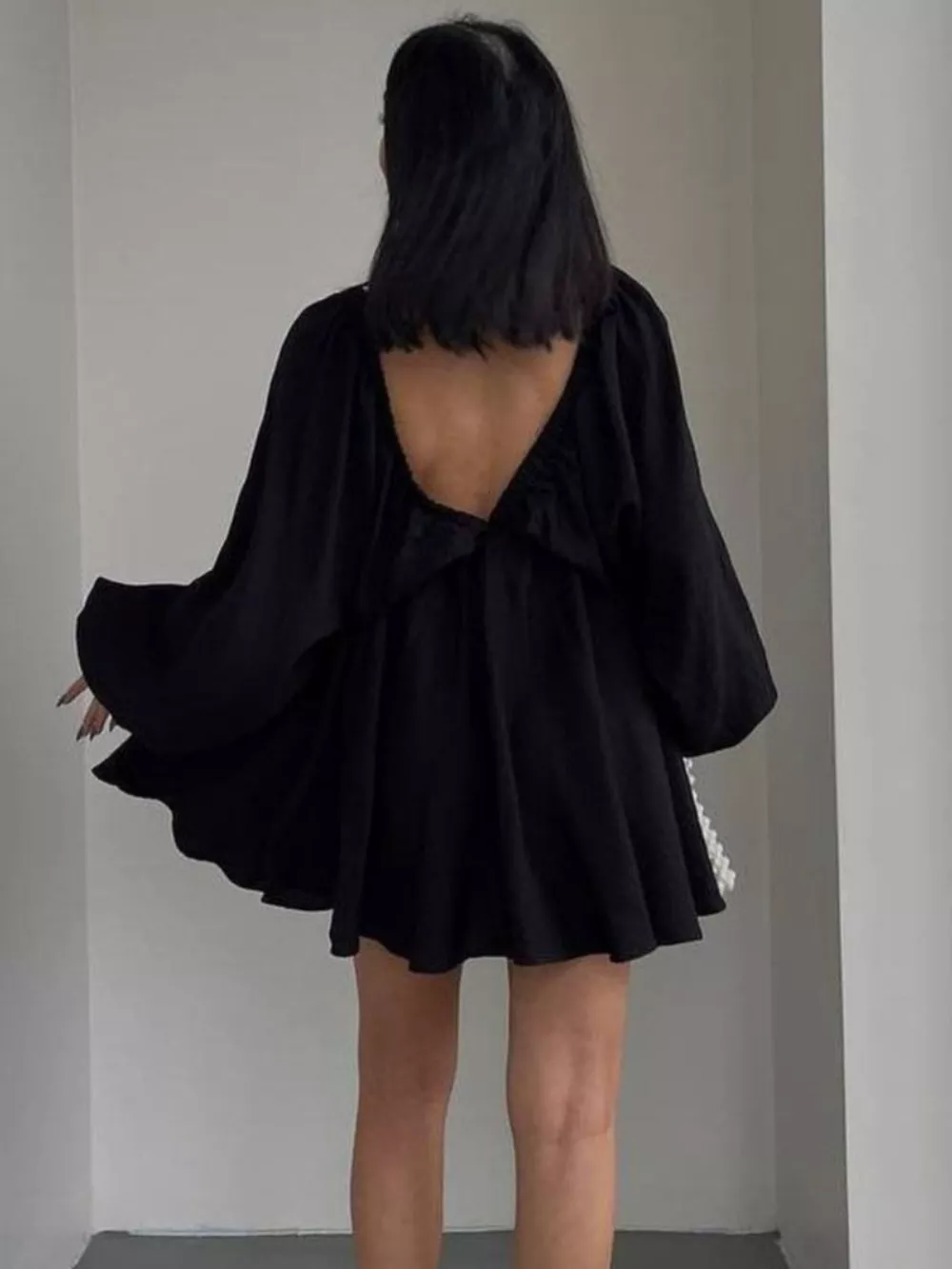 Deep V-Neck Balloon Sleeve Dress, image 7