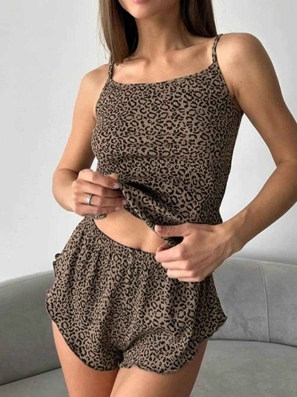 Leopard Cami Cardigan and Shorts 3-Piece Set, image 5