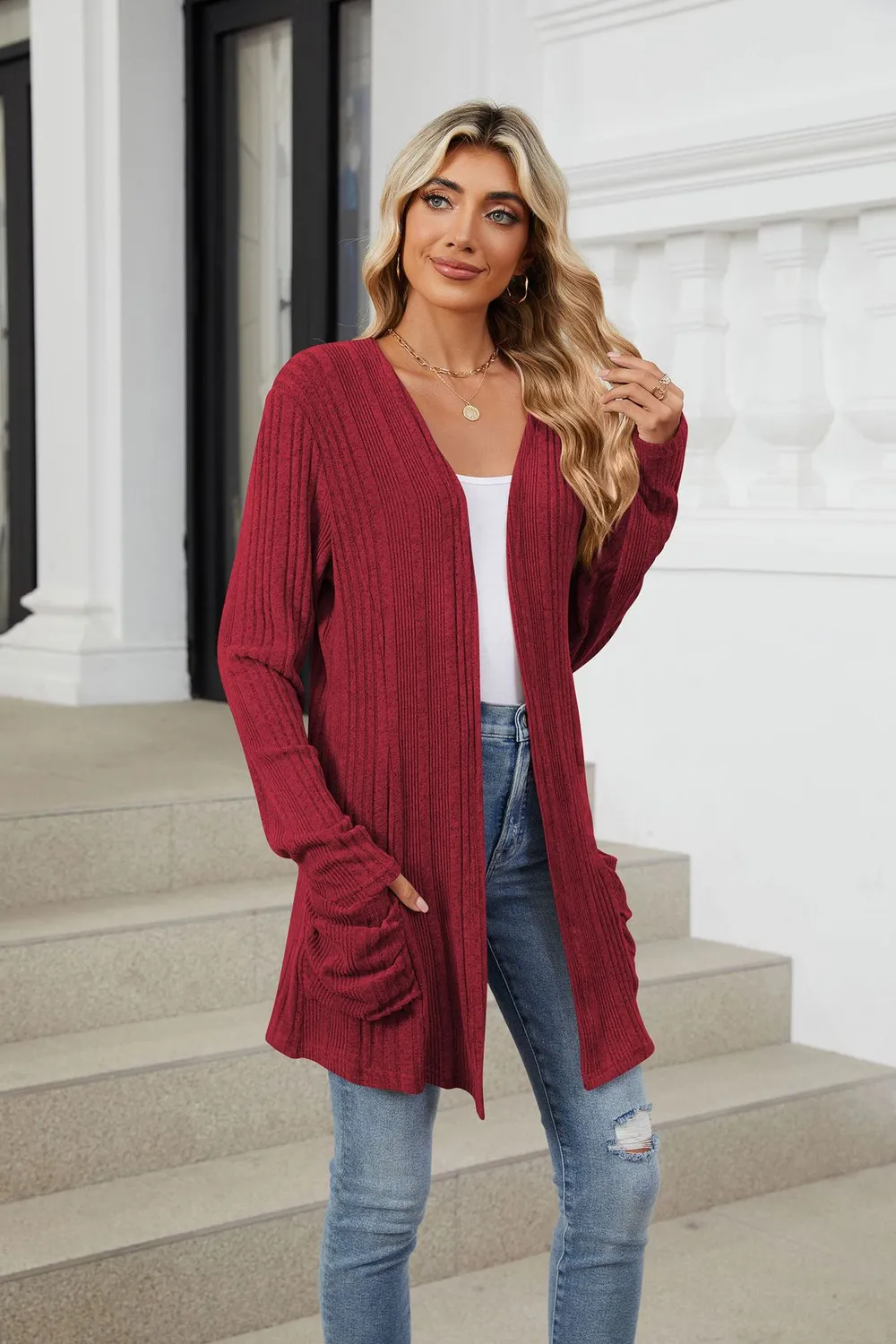 Pocketed Open Front Long Sleeve Cardigan, image 37