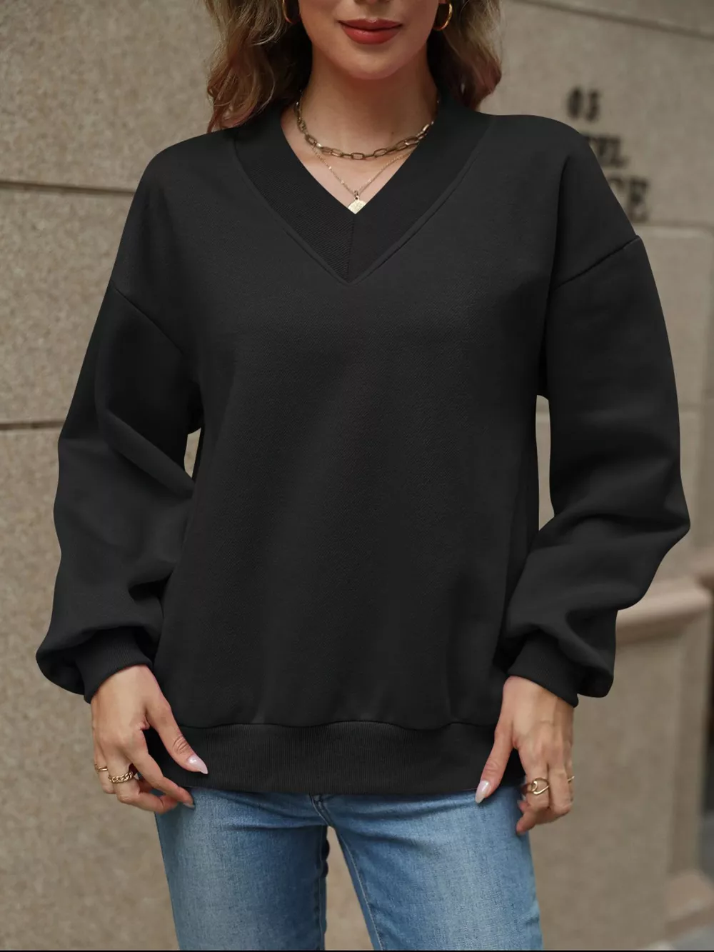 V-Neck Solid Color Casual Sweatshirt, image 9