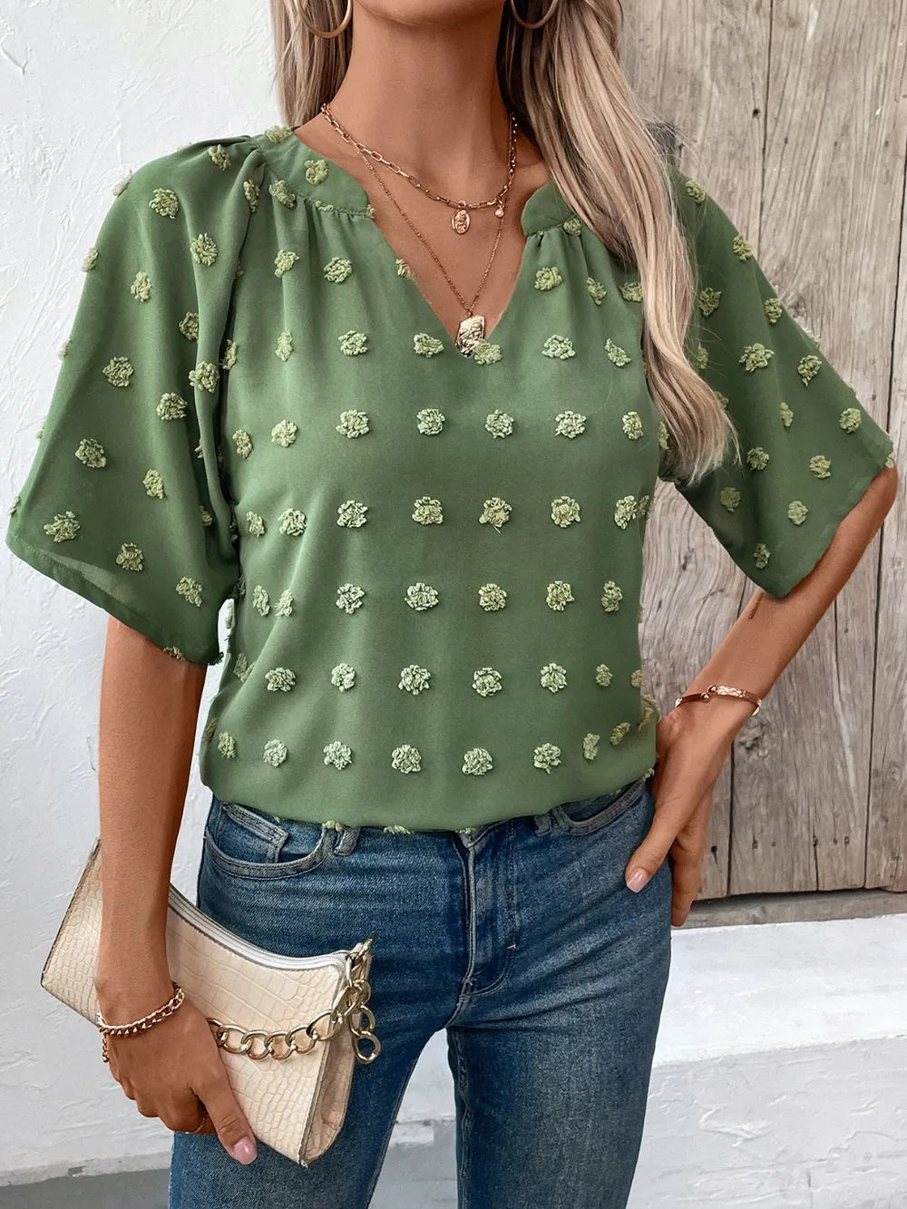 Swiss Dot Notched Half Sleeve Blouse, image 6