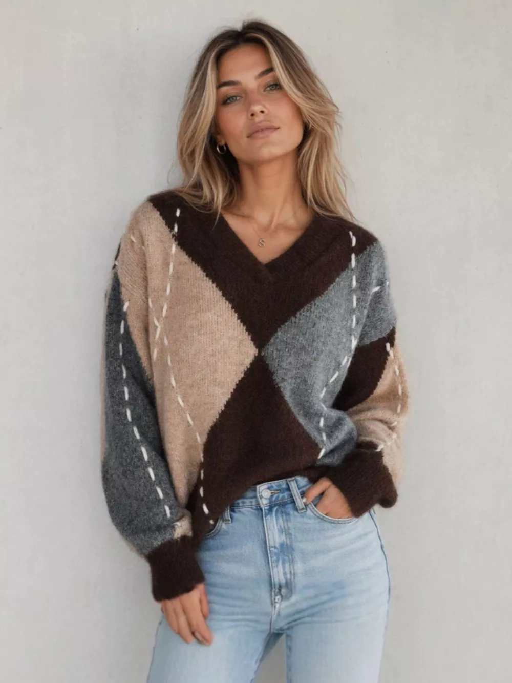 Argyle Pattern V-Neck Oversized Sweater, image 3