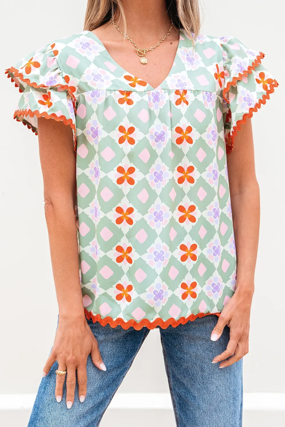 Floral Print V-neck Flutter Sleeve Blouse, image 2