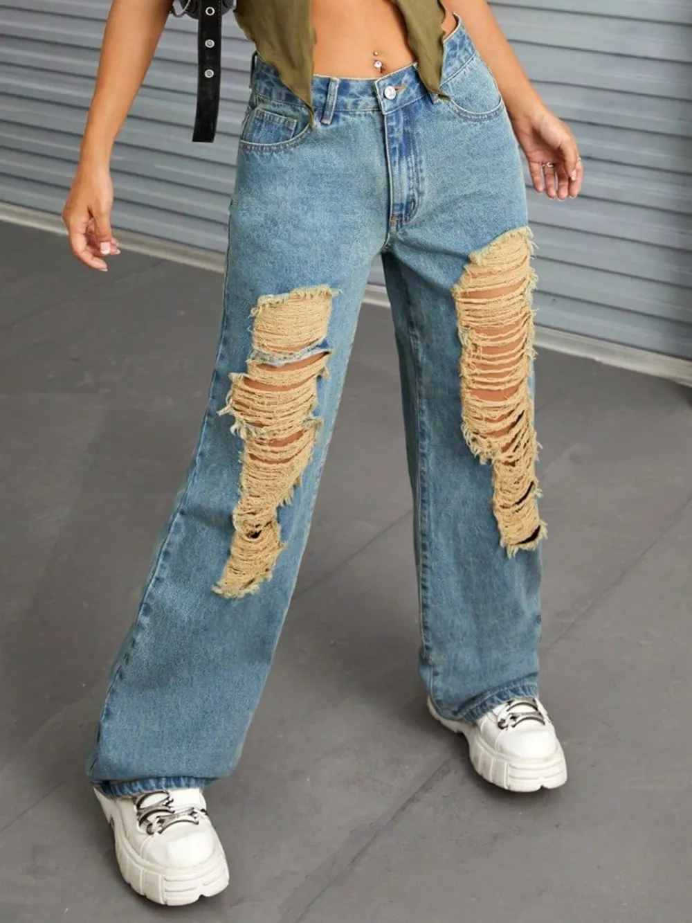 Distressed Wide Leg Jeans with Pockets, image 3