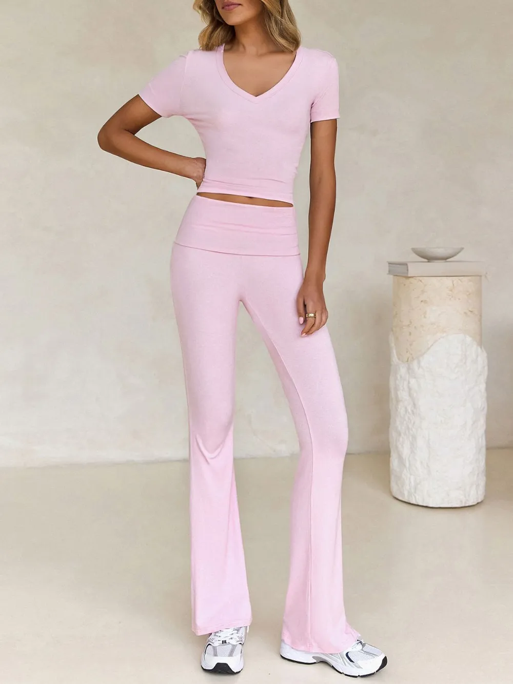V-Neck Top and Bootcut Leggings Set, image 2