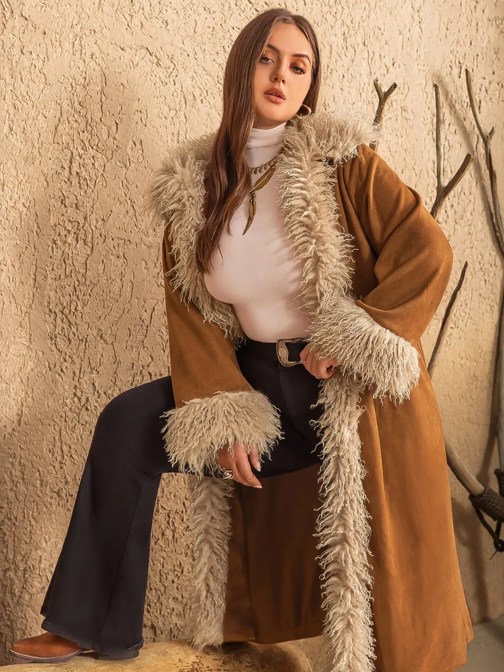 Plus Size Furry Trim Open Front Long Sleeve Coat, image 3