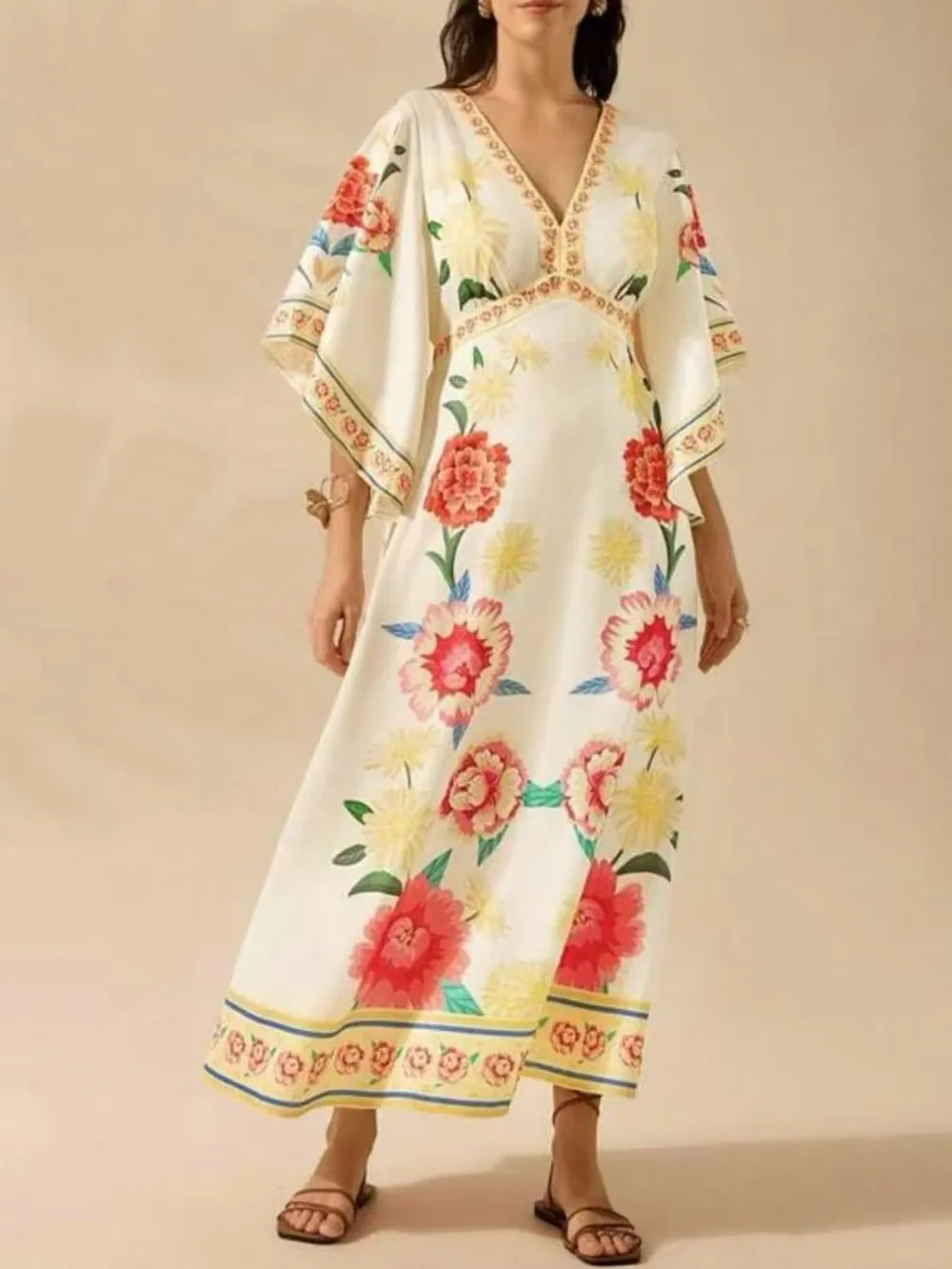 Palm Print V-Neck Midi Dress, image 5