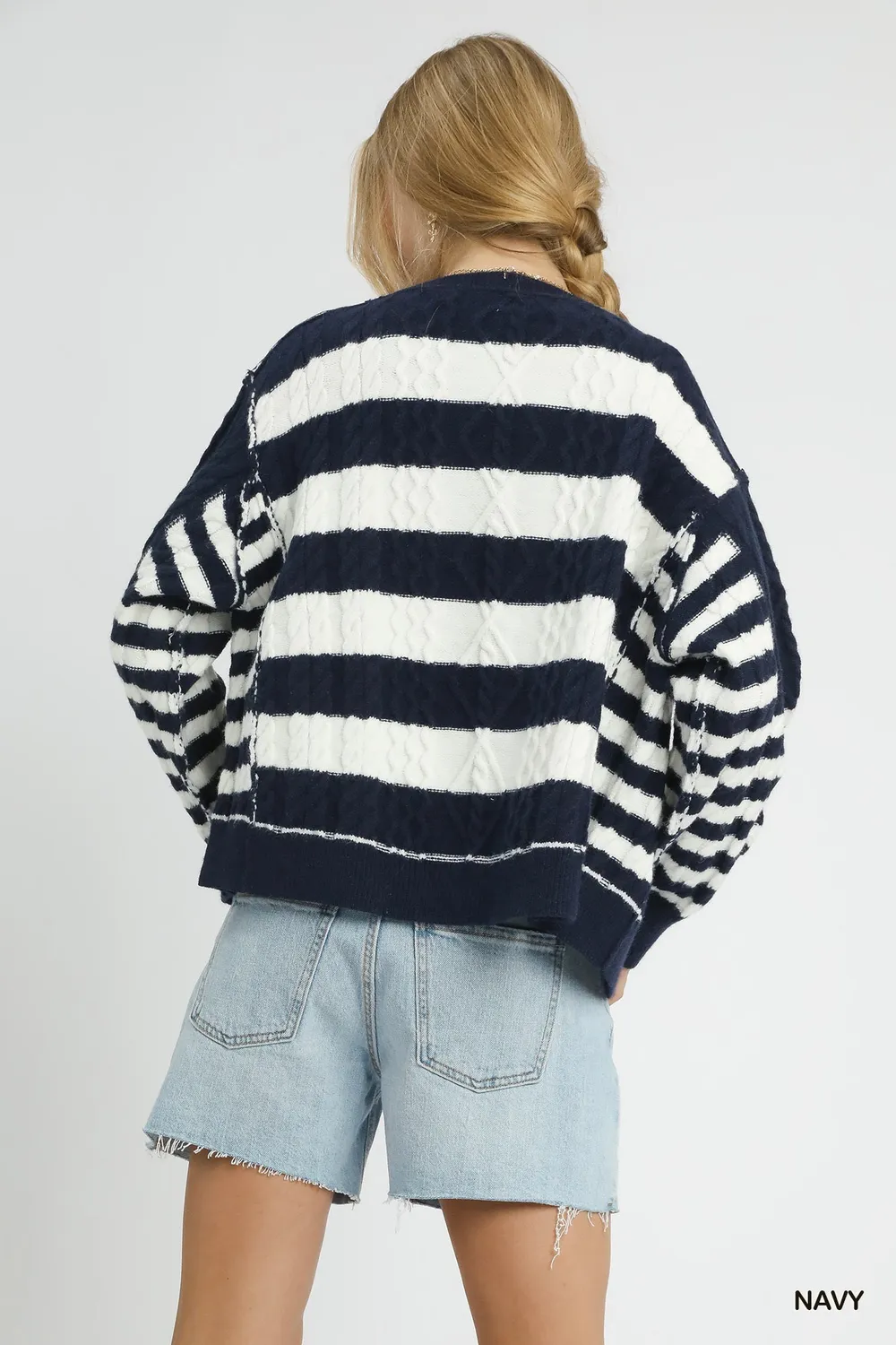Cable-Knit Stripe Button-Up Cardigan, image 2