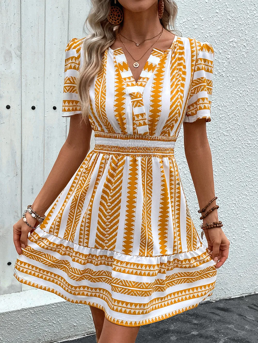 Geometric Notched Short Sleeve Mini Dress, image 3