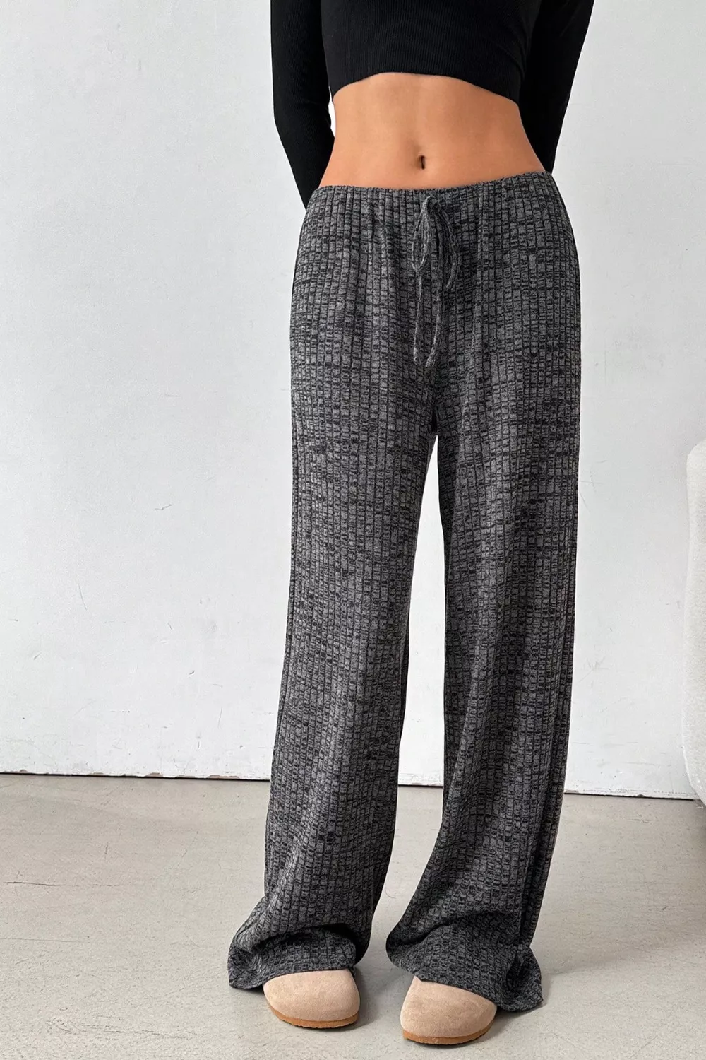 Ribbed Knit Drawstring Wide Leg Pants, image 5