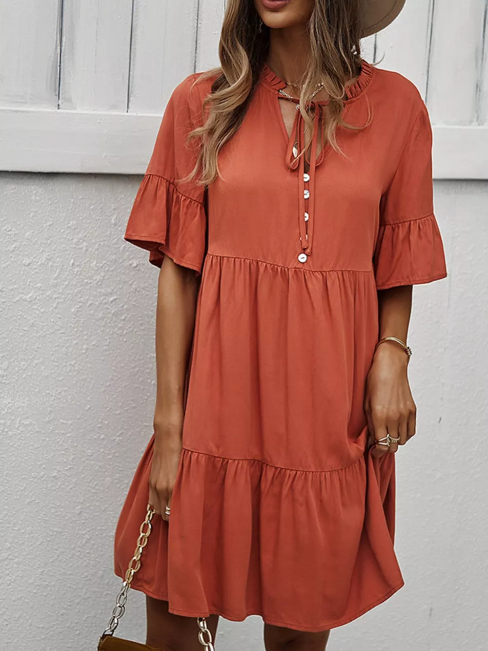Boho Ruffle Sleeve Button Down Tiered Mini Dress, image 2