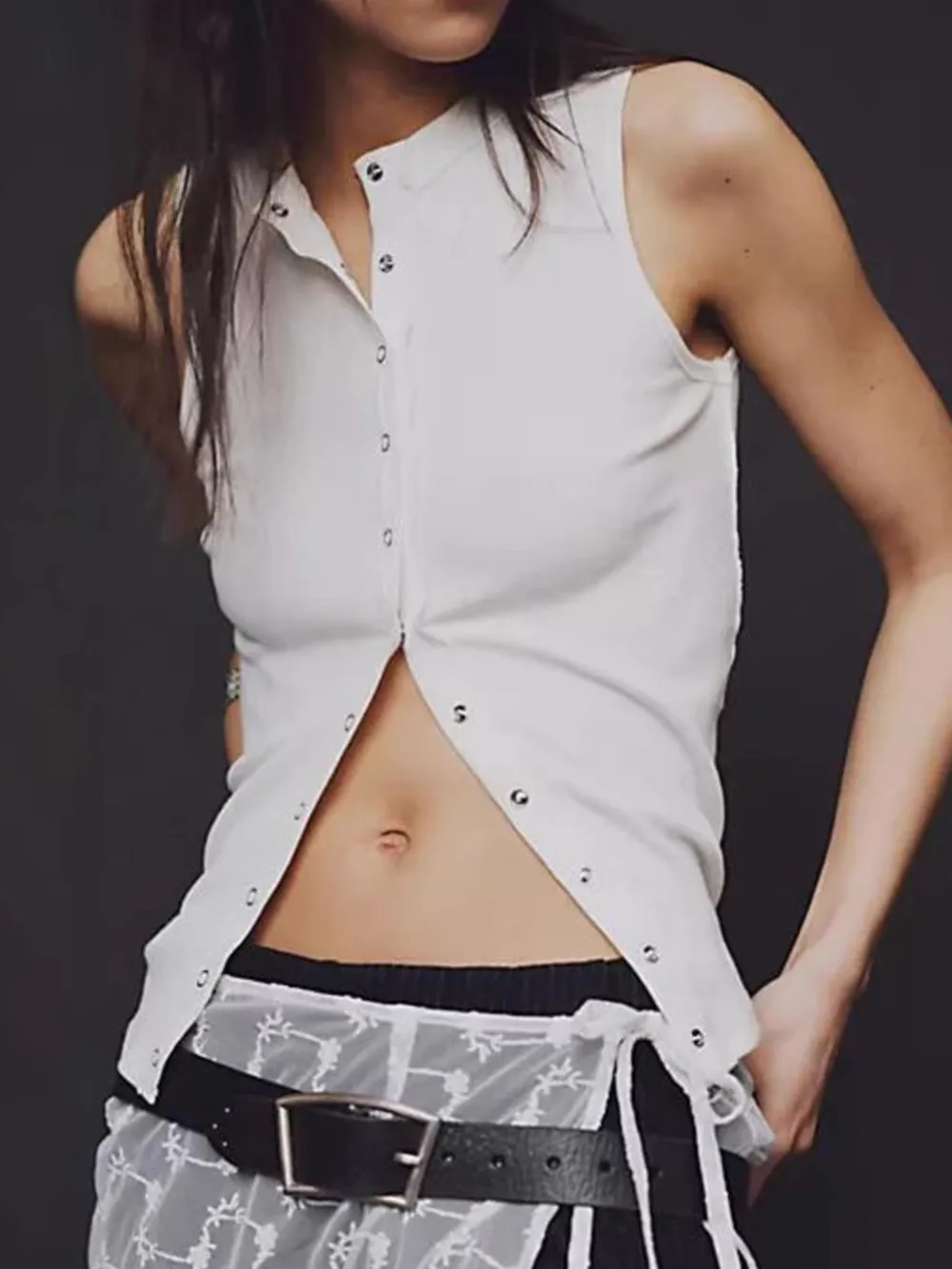Snap Down Round Neck Ribbed Slim Tank Vest, image 3