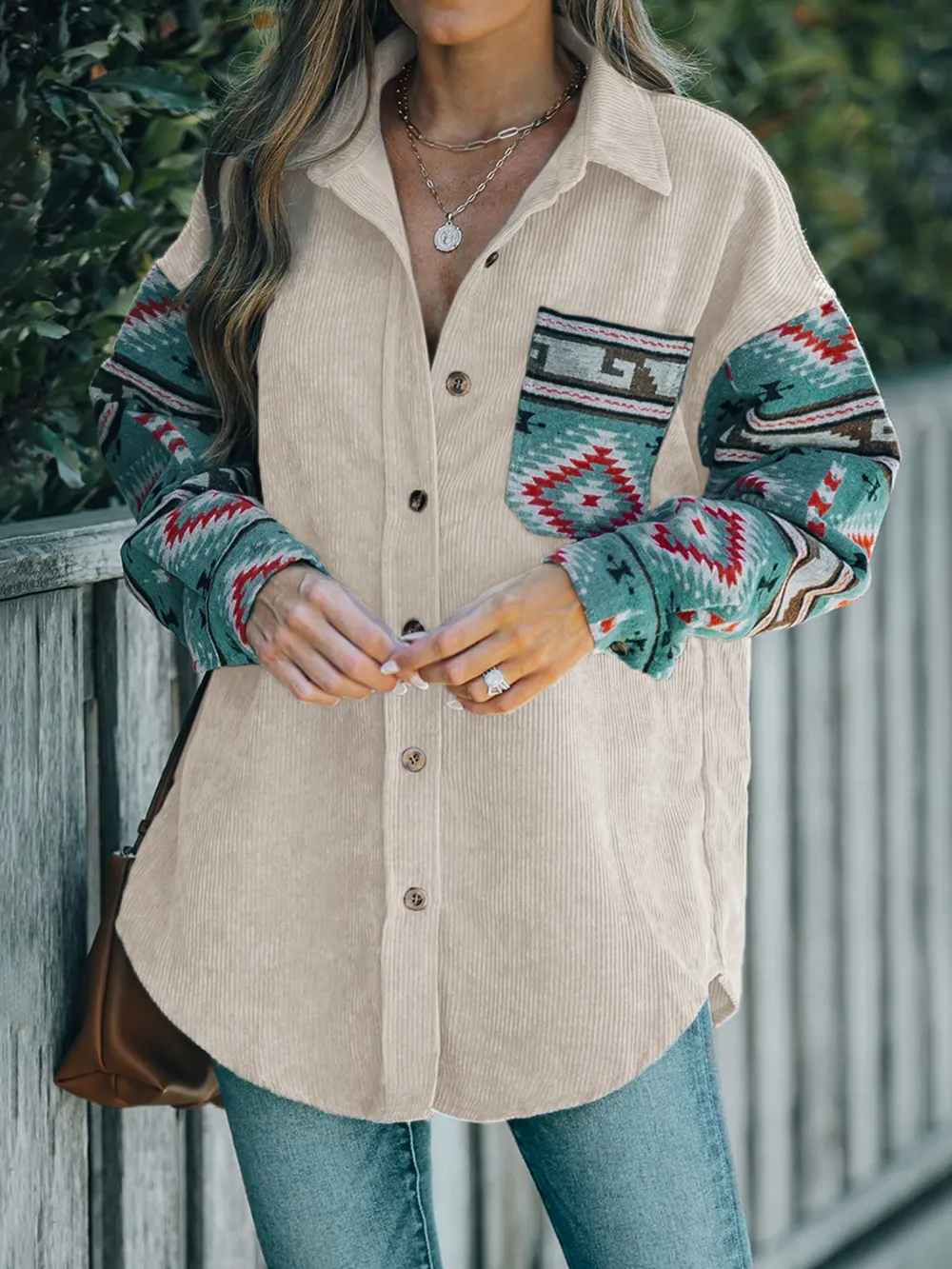 Pocketed Geometric Collared Neck Shacket, image 3