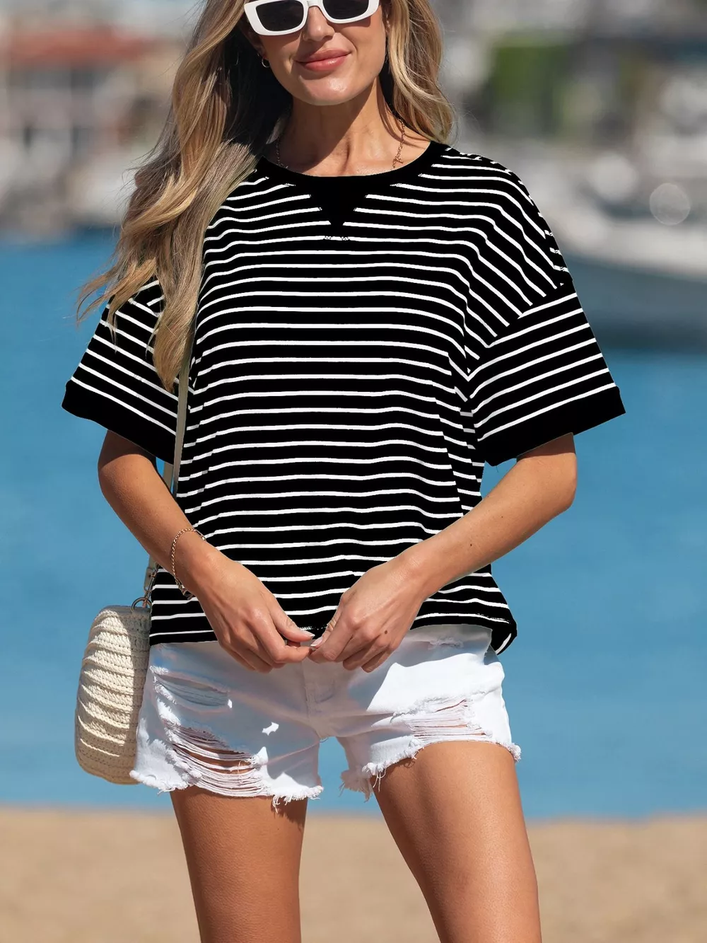 Stripe Ribbed Patchwork Seam Detail Half Sleeve Tee, image 2