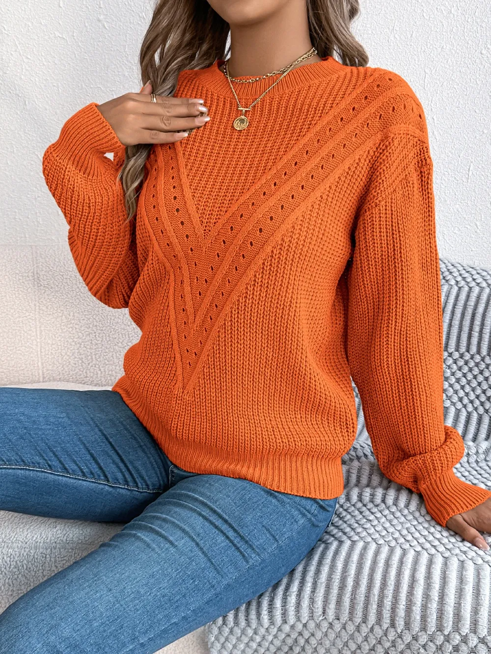 Openwork Round Neck Long Sleeve Sweater, image 13