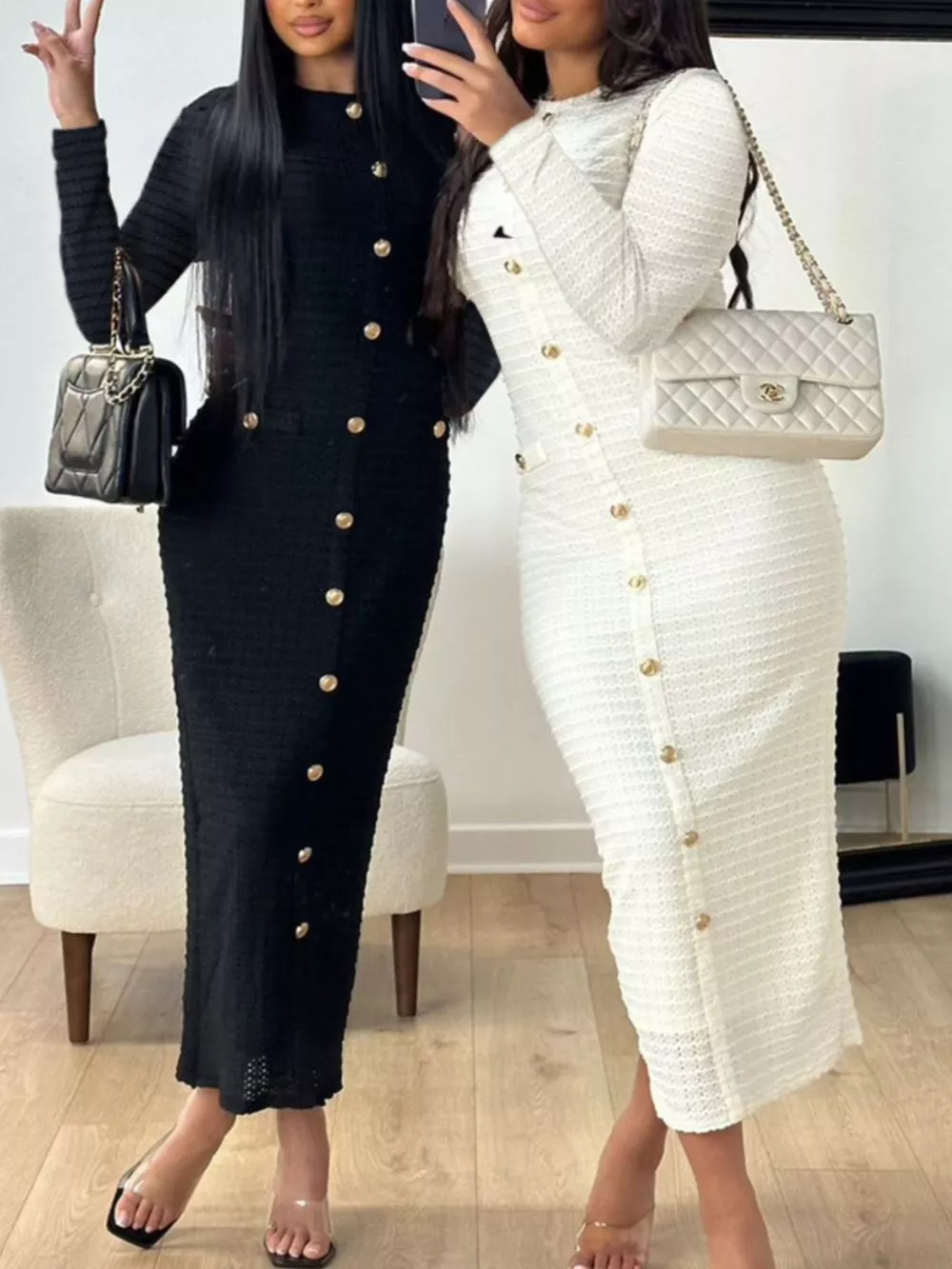 Textured Decor Button Midi Dress, image 3