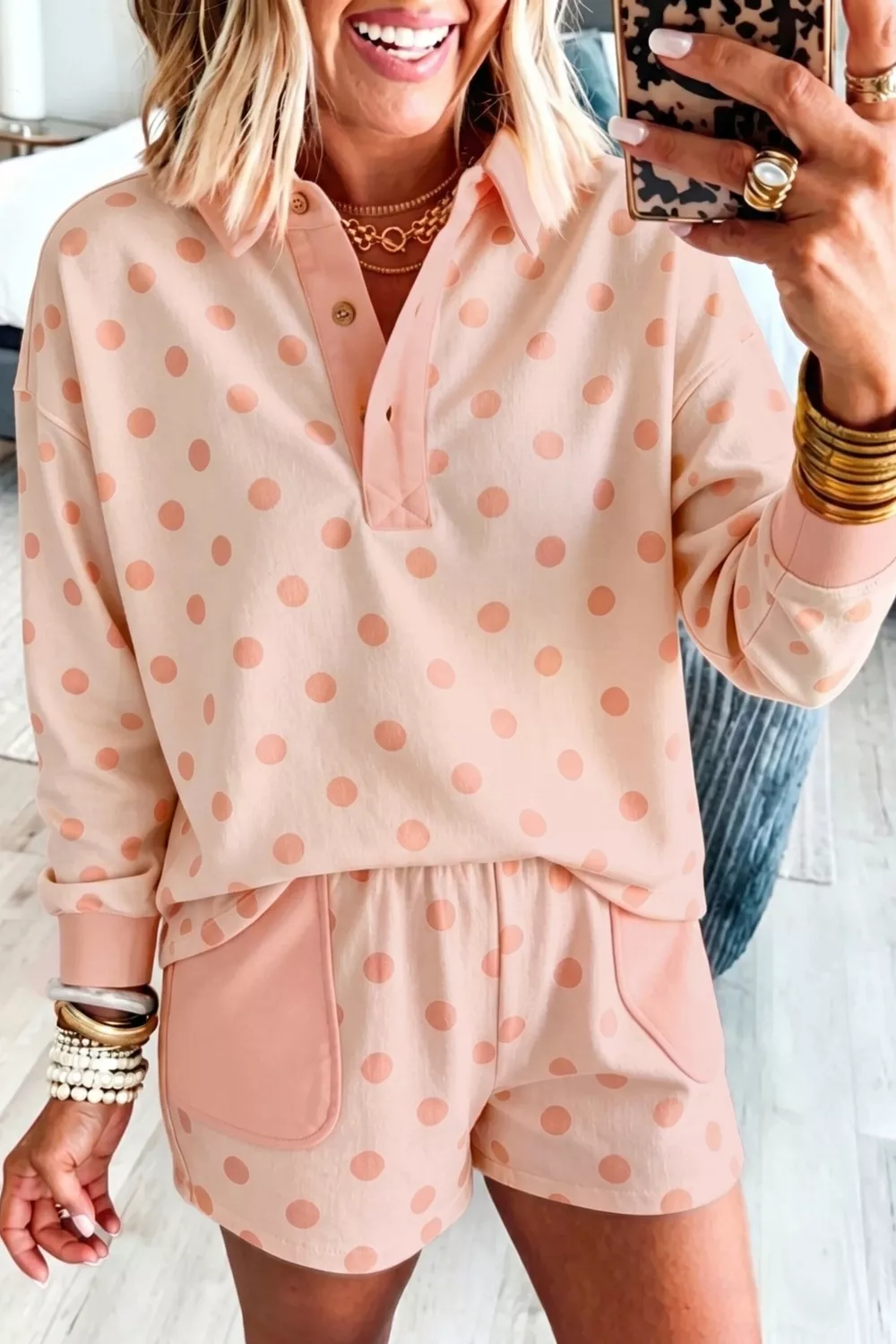 Polka Dot Drop Shoulder Polo Loose Pullover Patch Pocket Casual Shorts Set, image 3