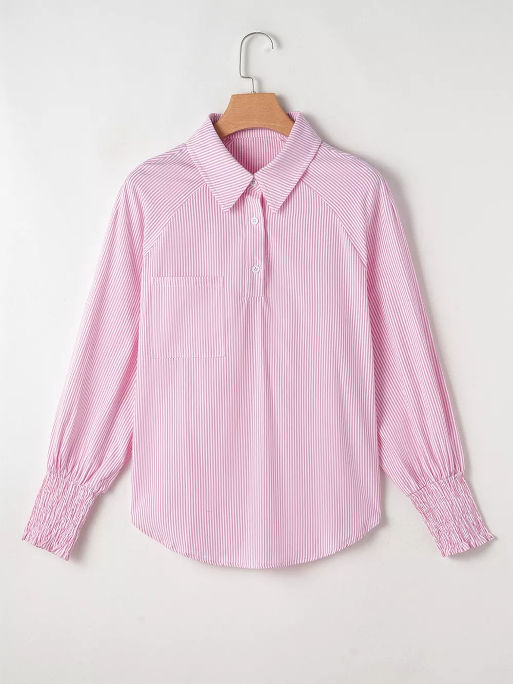 Pinstripe Long Sleeve Smocked Cuffs Button Shirt Collar Blouse, image 6