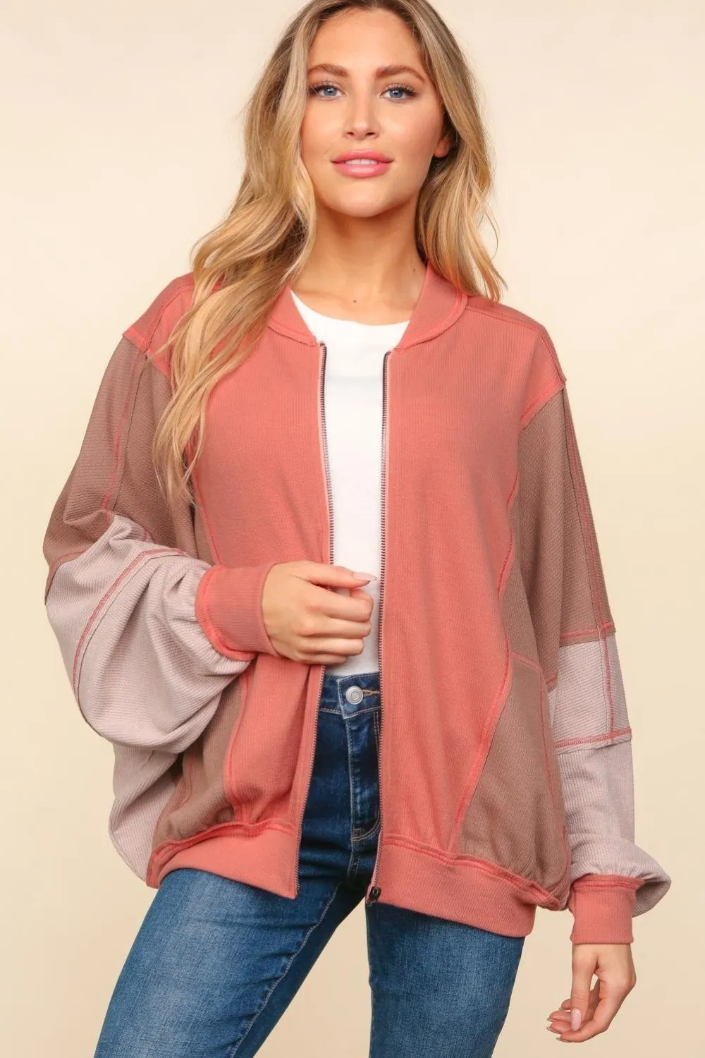 Zip Up Color Block Bomber Jacket with Side Pockets, image 4