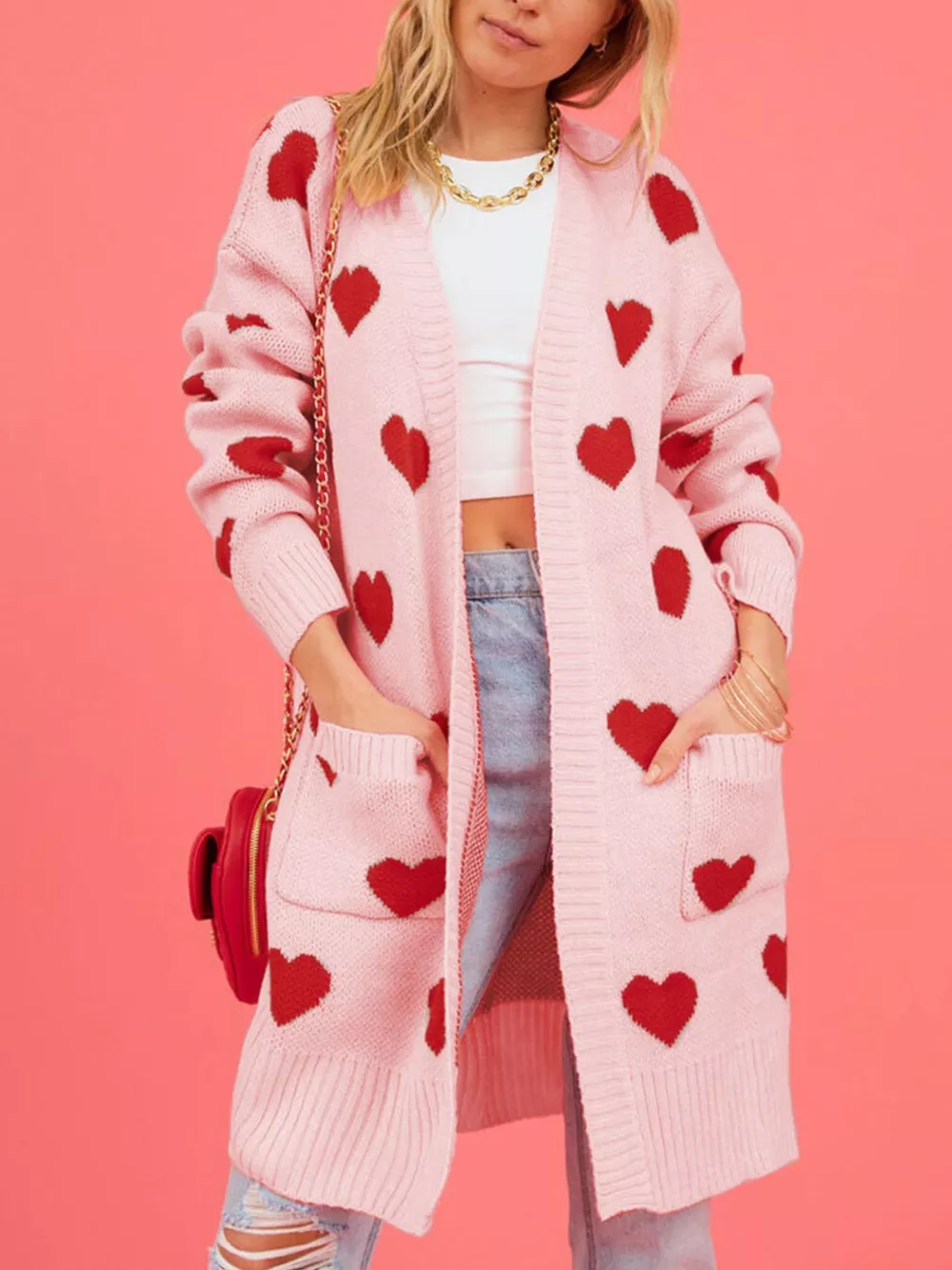 Heart Pattern Open Front Longline Cardigan, image 2