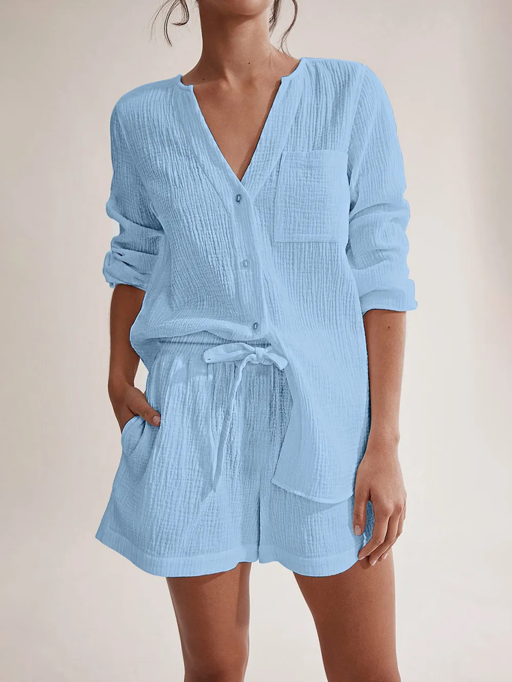 Notched Long Sleeve Top and Shorts Set, image 7