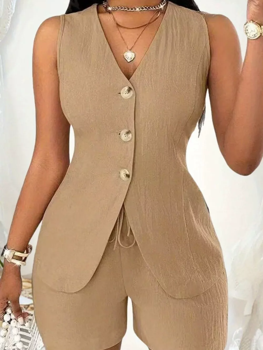 Sleeveless Button-Down Vest & Shorts Set, image 22