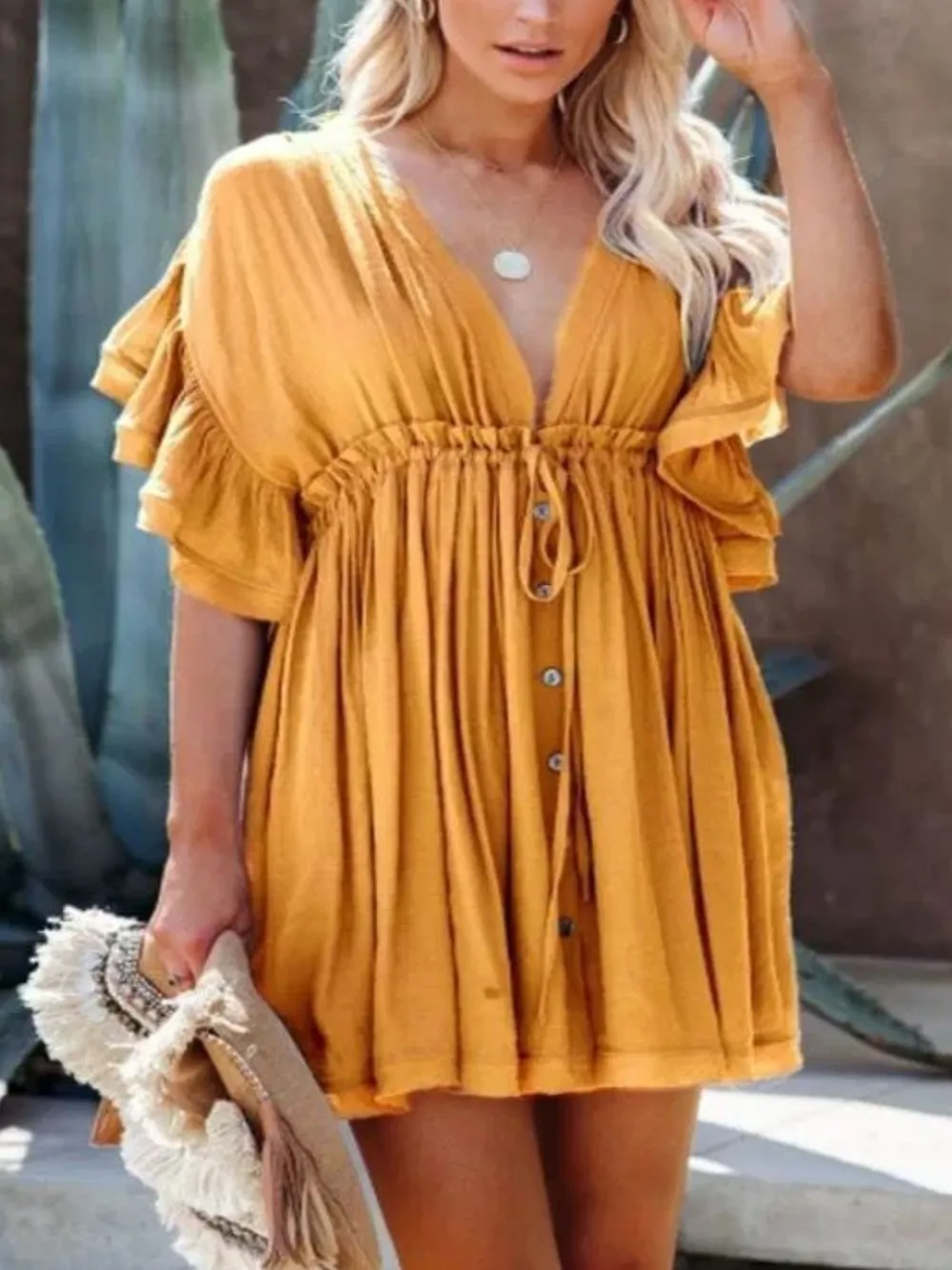Drawstring Ruffled Half Sleeve Mini Dress, image 18