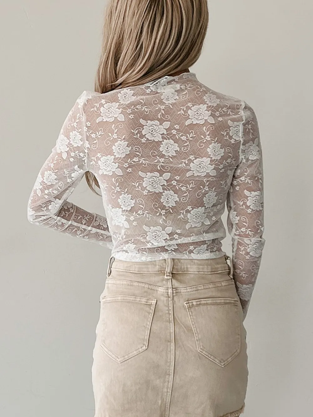 Sheer Floral Lace Mesh Mock Neck Long Sleeve Top, image 2