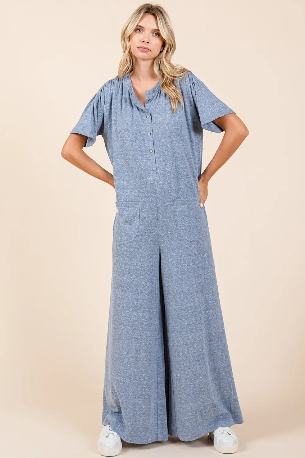 Button Detail Short Sleeve Wide Leg Jumpsuit, image 5