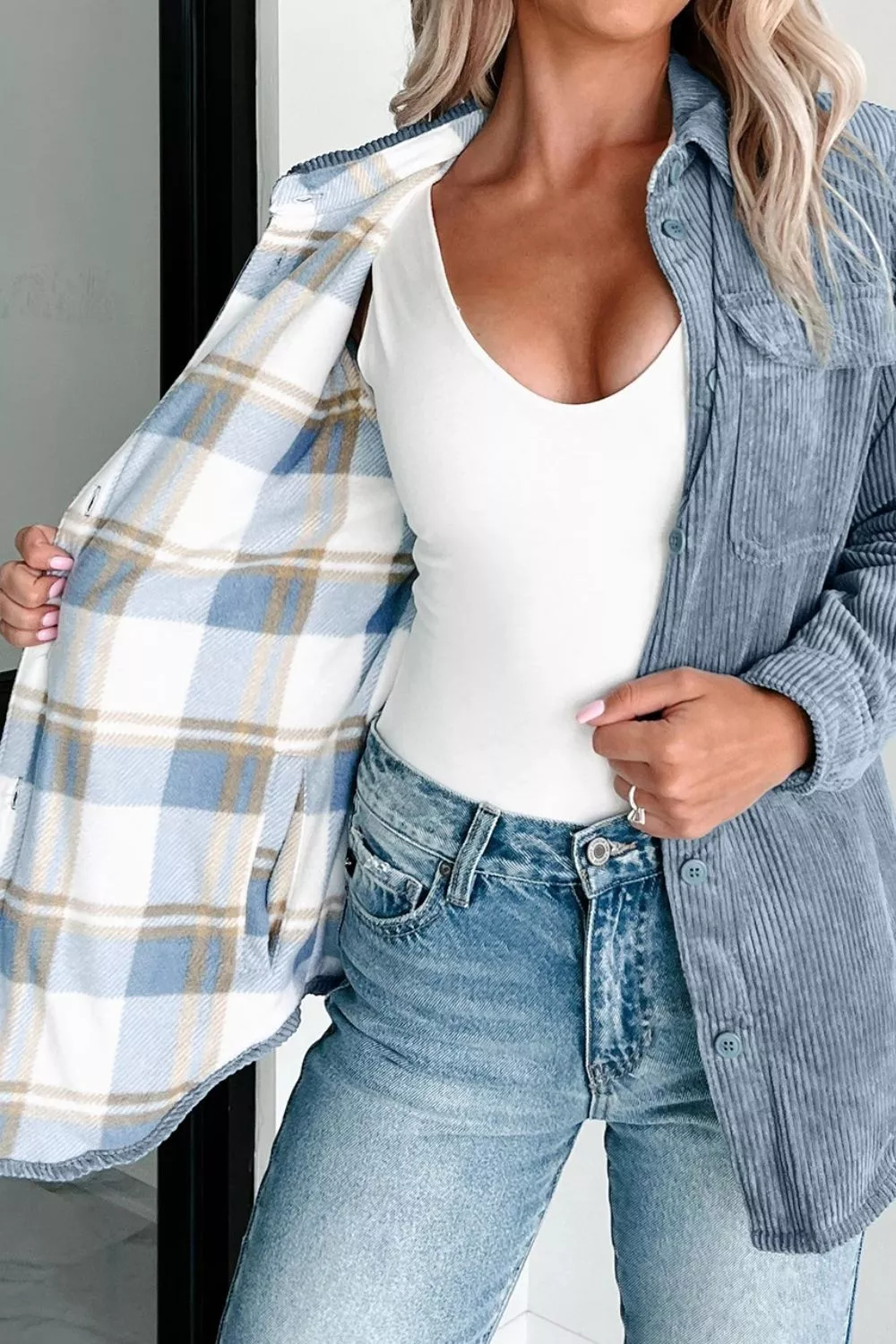 Corduroy Plaid Button-Up Shacket, image 4