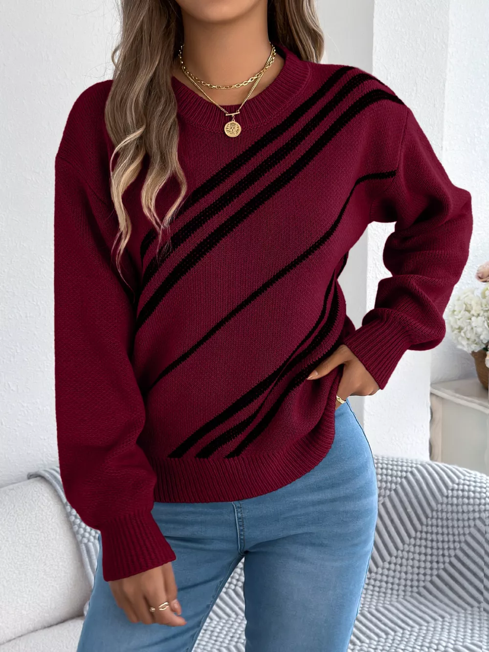Striped Pattern Casual Round Neck Sweater, image 13