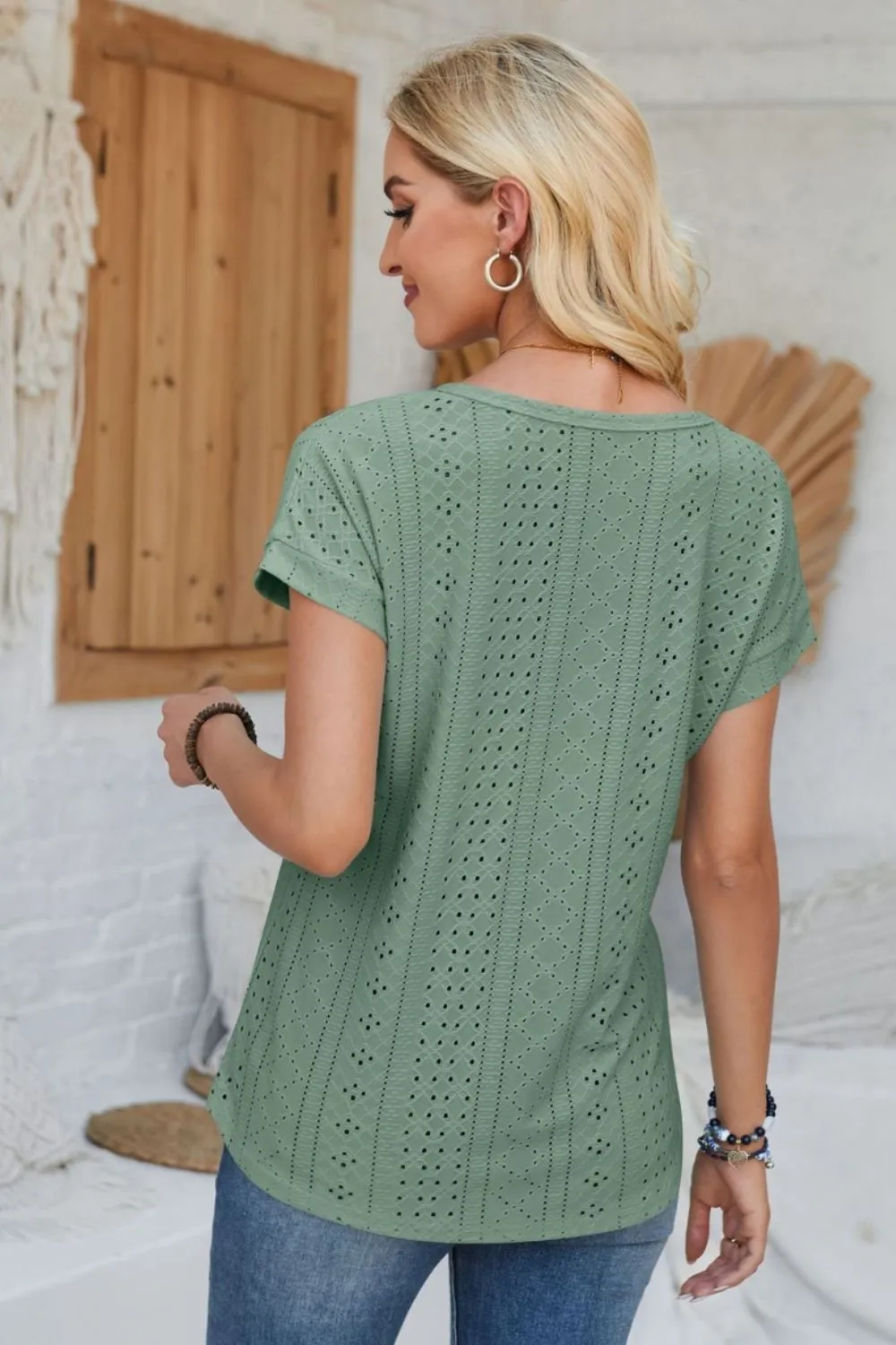 Eyelet Round Neck Rolled Short Sleeve T-Shirt, image 25