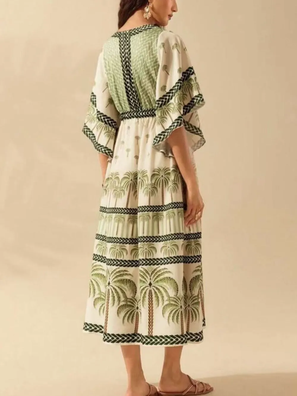 Palm Print V-Neck Midi Dress, image 6
