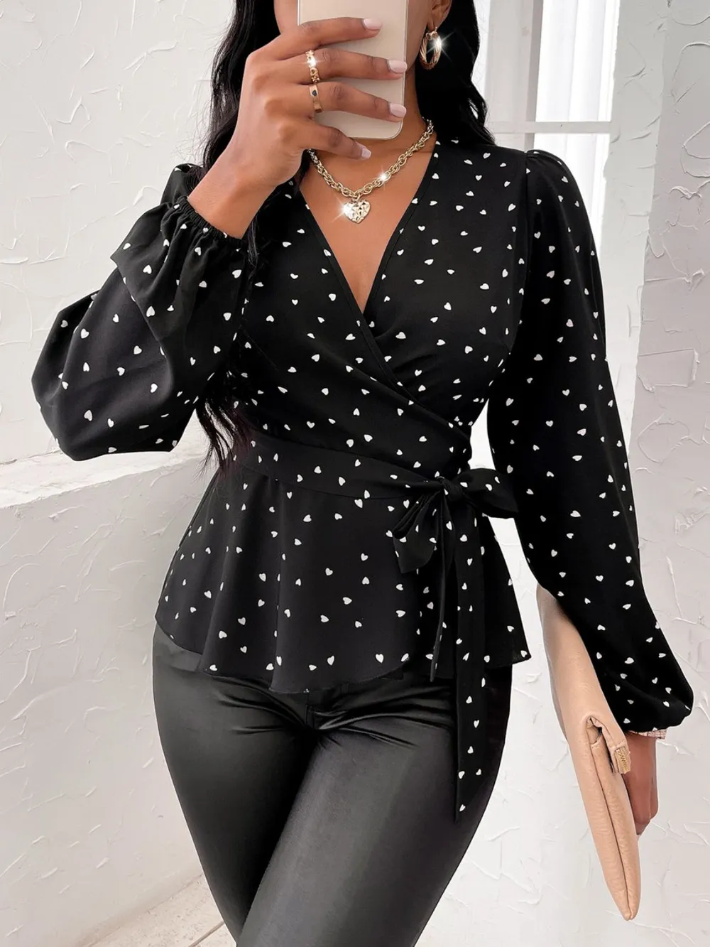 Heart Print Surplice Balloon Sleeve Blouse, image 4