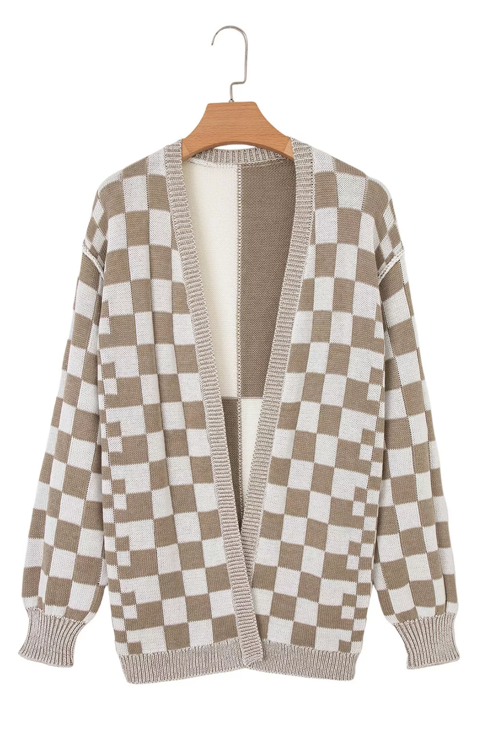 Checkerboard Print Open Front Knit Cardigan, image 3