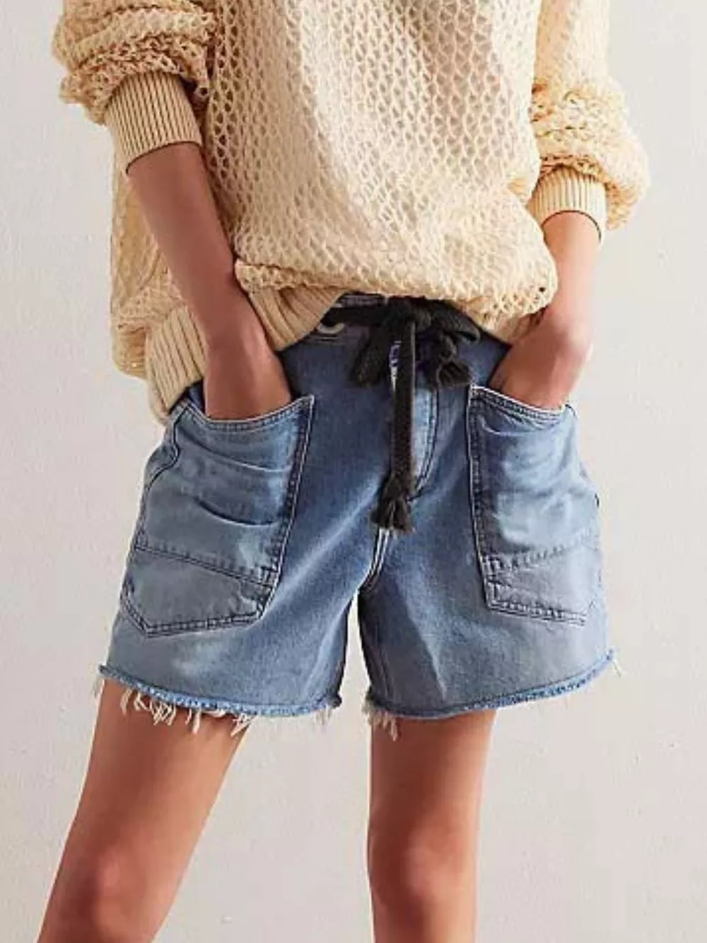 Drawstring Raw Hem Denim Shorts, image 14