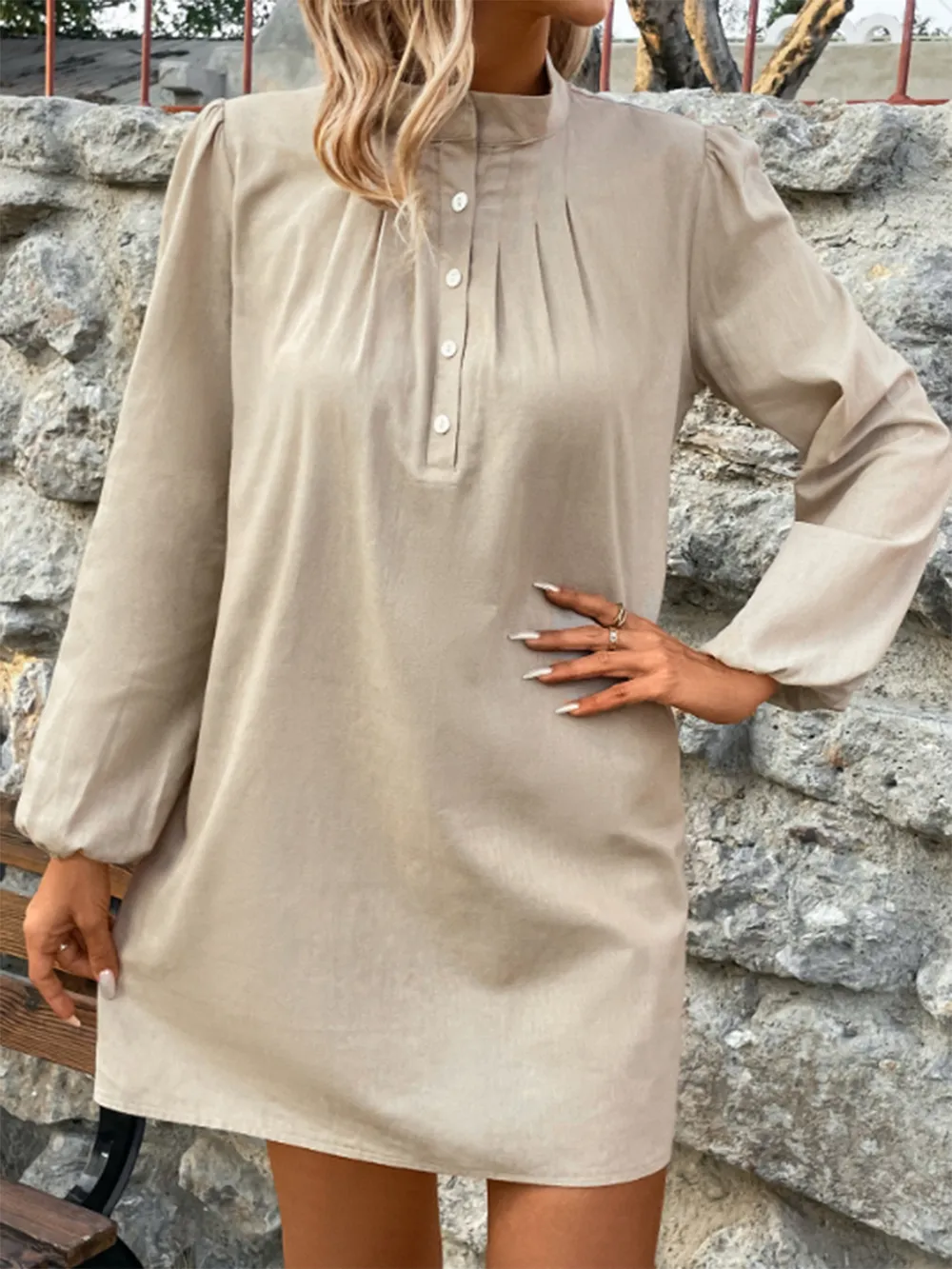 Half Button Mock Neck Long Sleeve Mini Shirt Dress, image 5