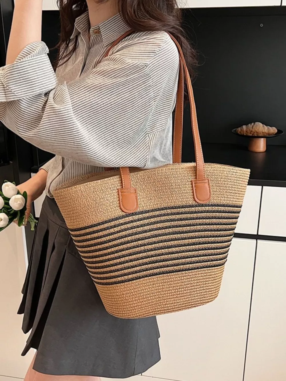 Striped Woven Straw Shoulder Bag, image 8