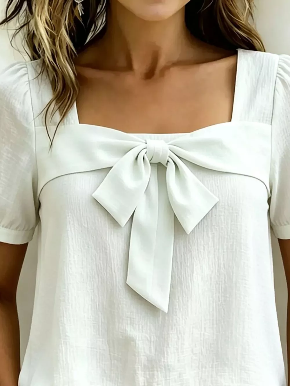 Bow Tie Square Neck Puff Sleeve Blouse, image 3