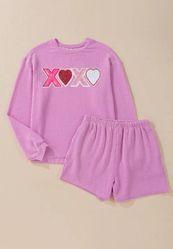 Valentine’s Day XOXO Heart Sequin Corded Long Sleeve Top and Shorts Set, image 2