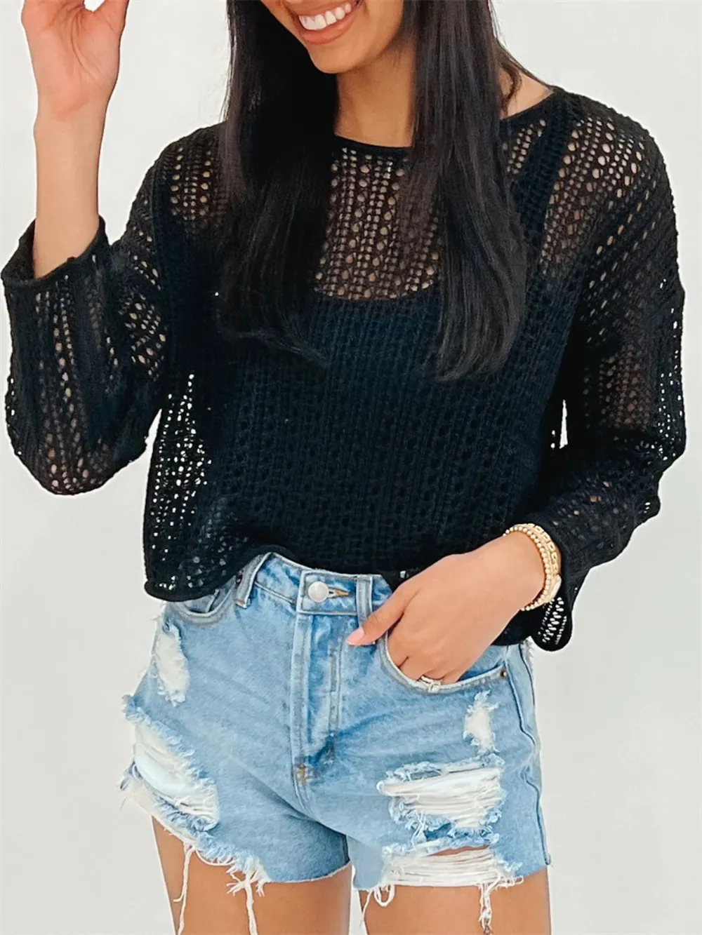 Openwork Long Sleeve Knit Cover Up, image 6