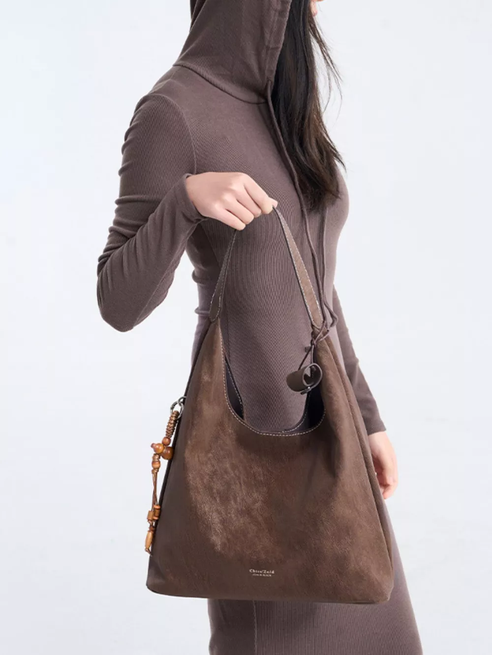 Suede Hobo Shoulder Bag with Decorative Tassel, image 2