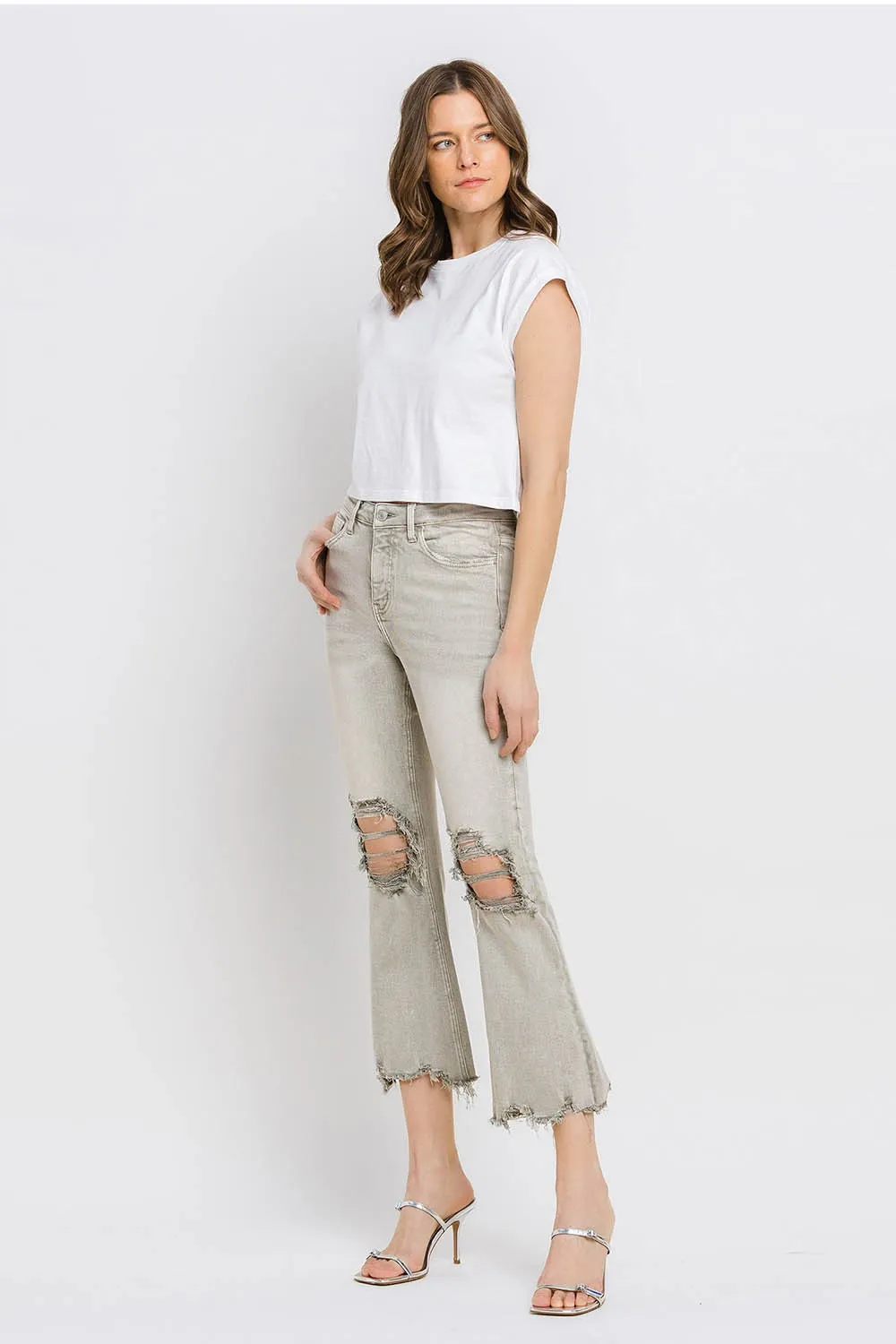 Distressed Raw Hem Cropped Flare Jeans, image 2