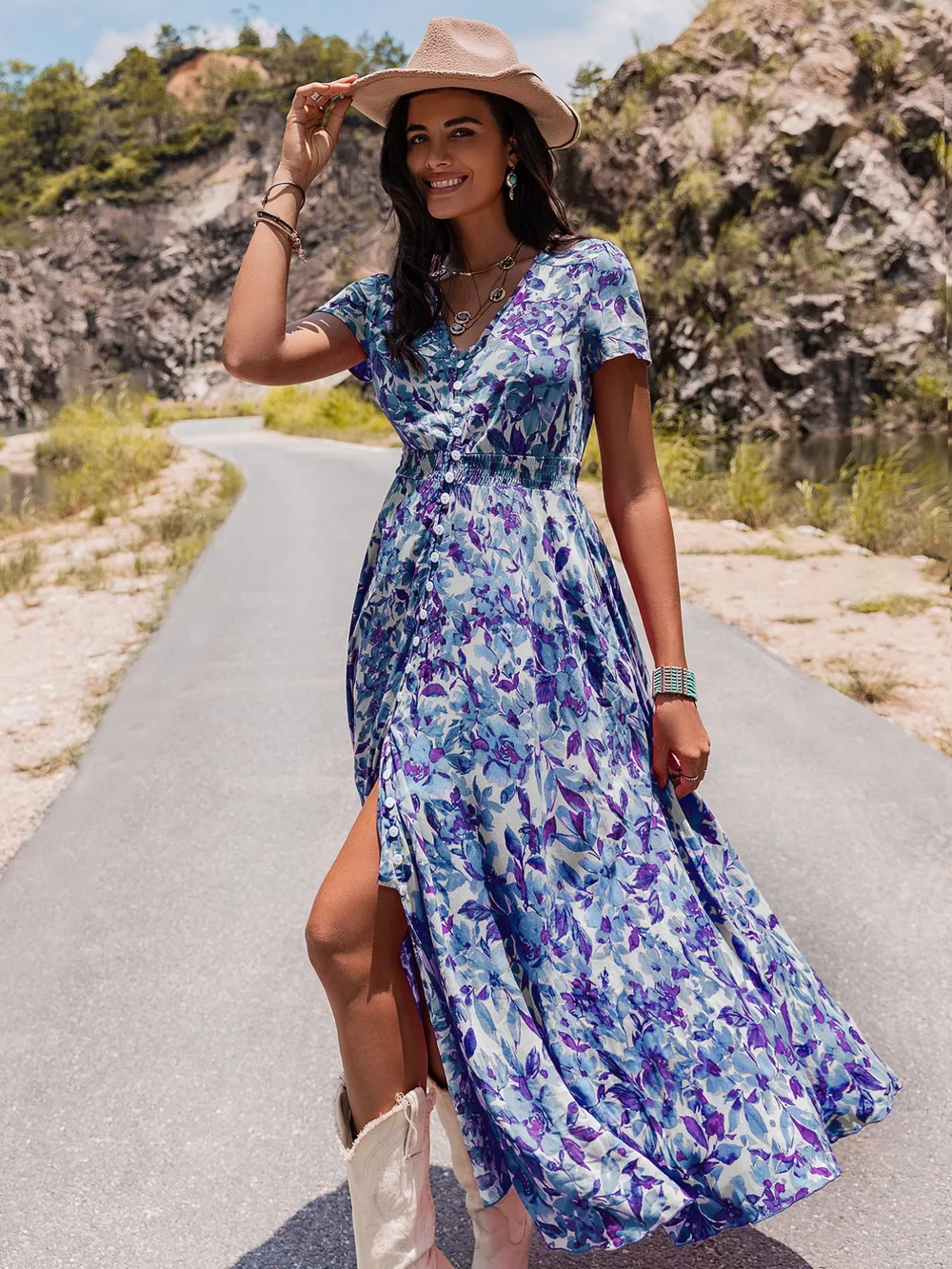 Floral Print V-Neck Slit Midi Dress, image 2