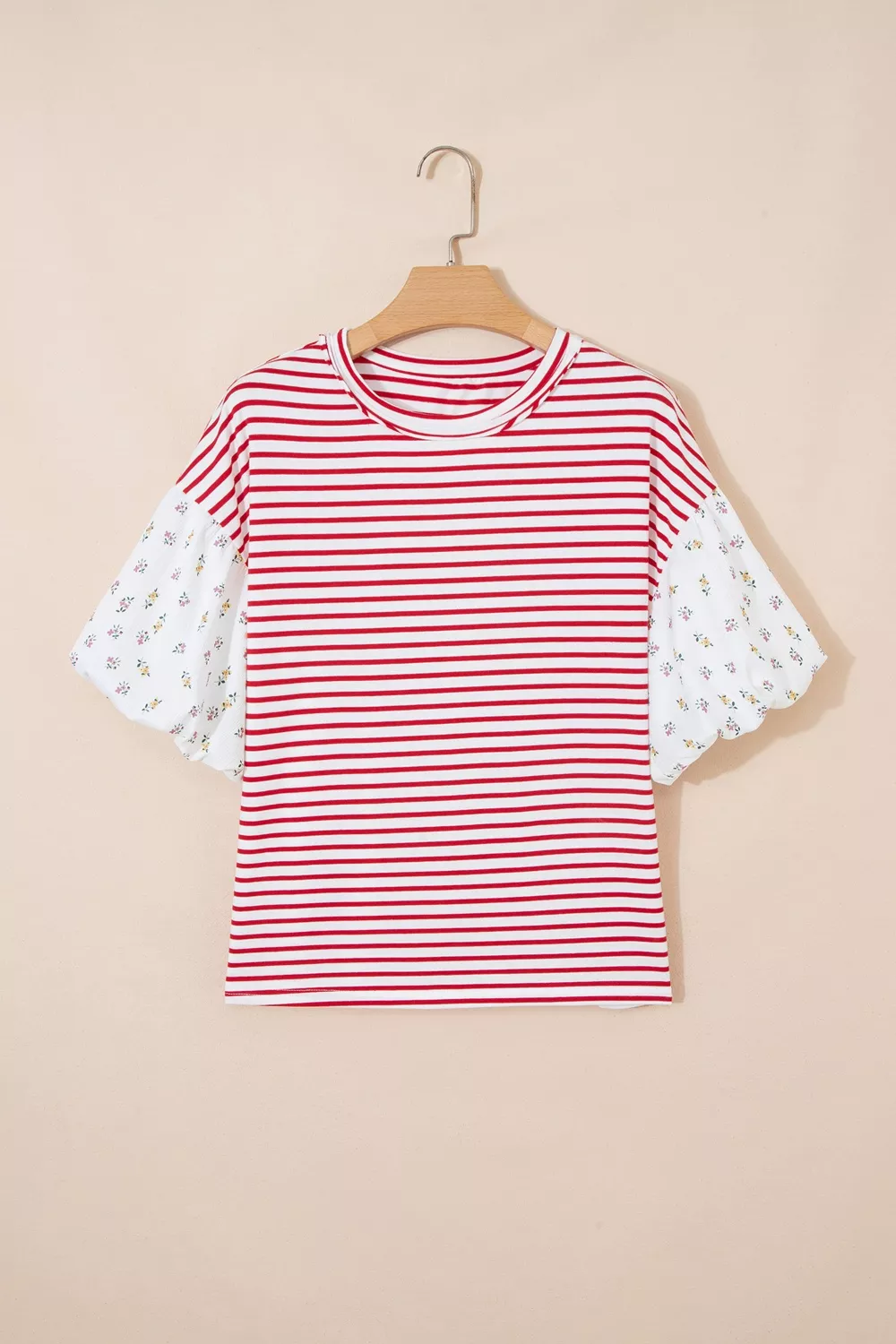 Stripe Floral Puff Sleeve Patchwork Round Neck Loose Top, image 3