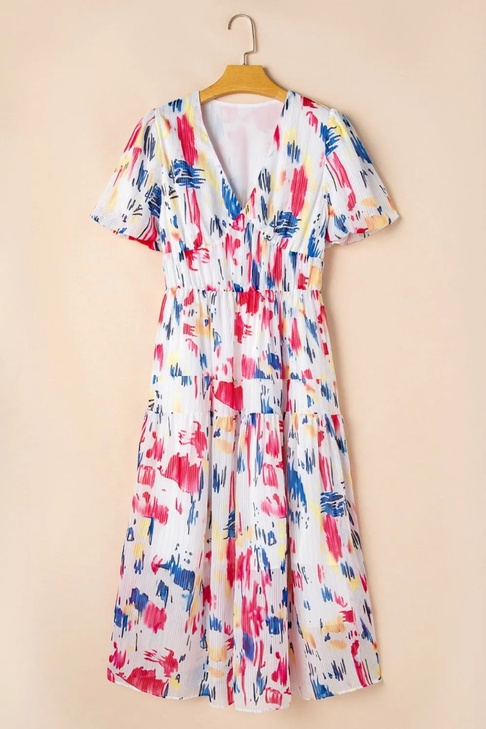 Abstract Print Short Puff Sleeve Tiered Maxi Dress, image 5